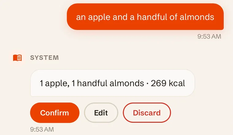 Forge chat: the message “an apple and a handful of almonds” drafted as 269 kcal, with Confirm, Edit and Discard