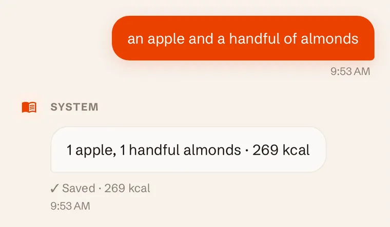 The same Forge entry after Confirm, marked Saved, 269 kcal