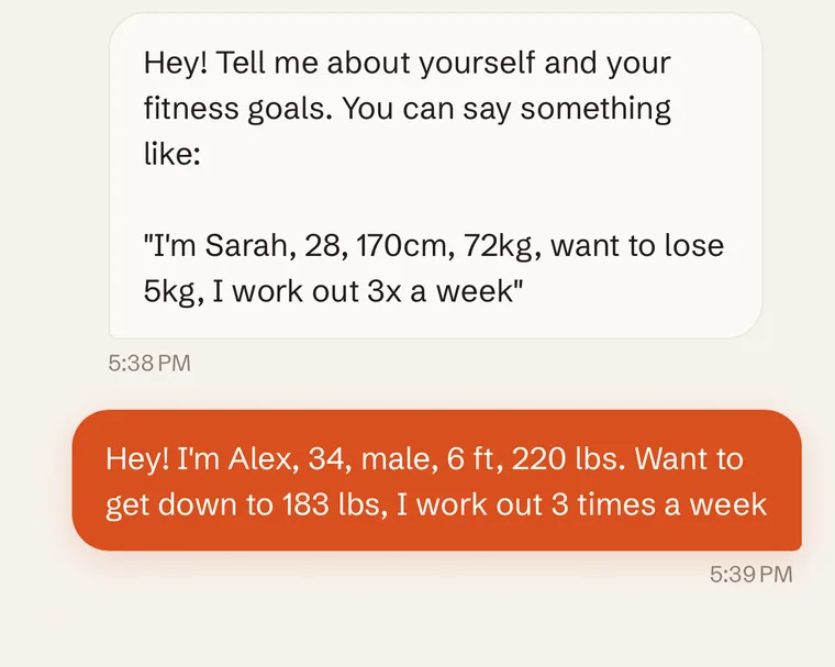 Forge onboarding chat: the prompt to describe yourself, and the reply “I’m Alex, 34, male, 6 ft, 220 lbs. Want to get down to 183 lbs, I work out 3 times a week”