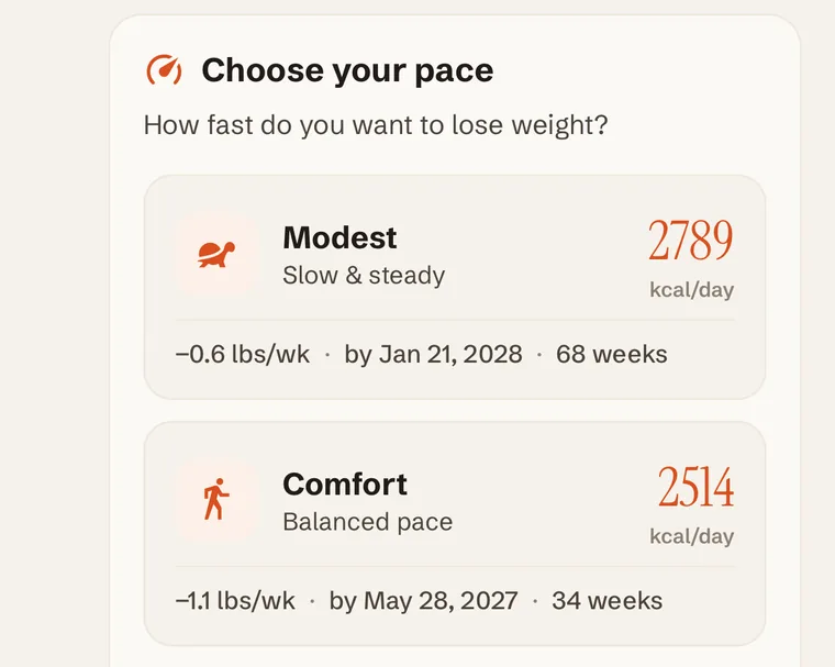 Choose your pace: Modest or Comfort, each with its daily calorie target