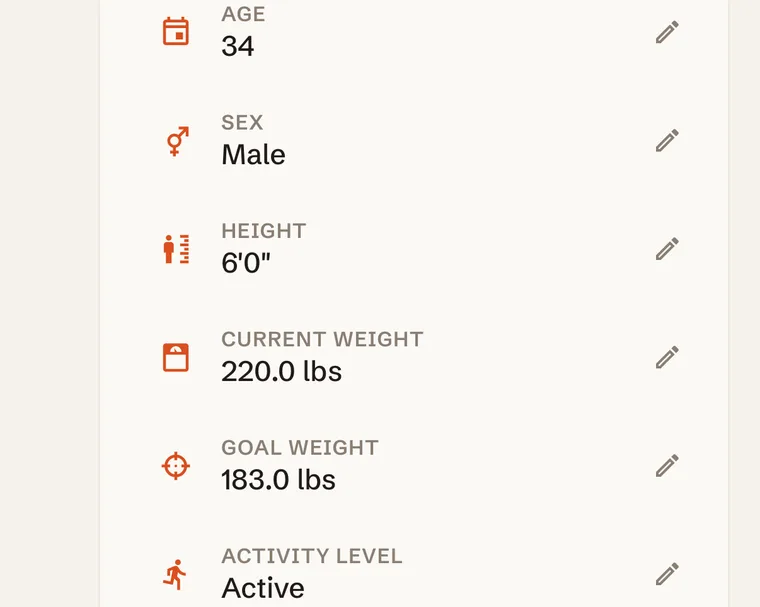 Forge builds the profile from that one message: age, sex, height, current weight, goal weight and activity level, each with an edit button