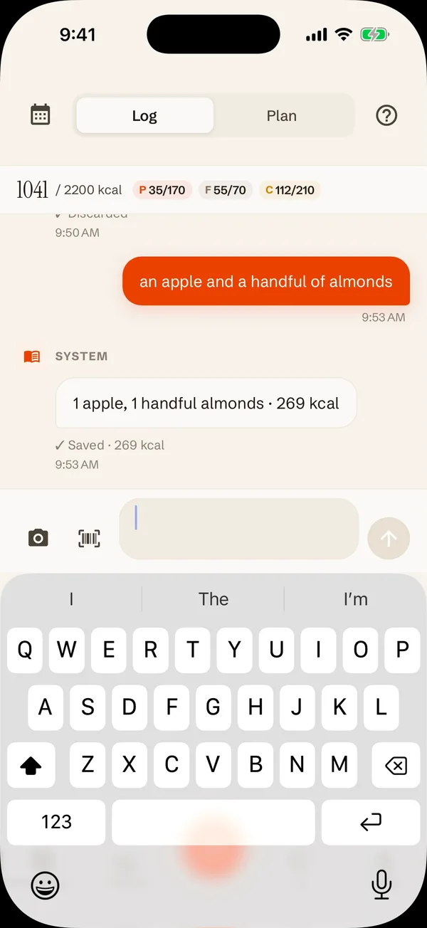 Forge chat: “an apple and a handful of almonds” saved as 269 kcal, daily total 1,041 kcal